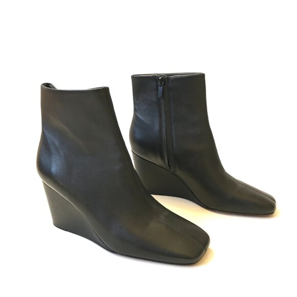 NEW Vince Andy Leather Wedge Ankle Booties Boots Womens 37 7 Black Square Toe - Picture 4 of 10